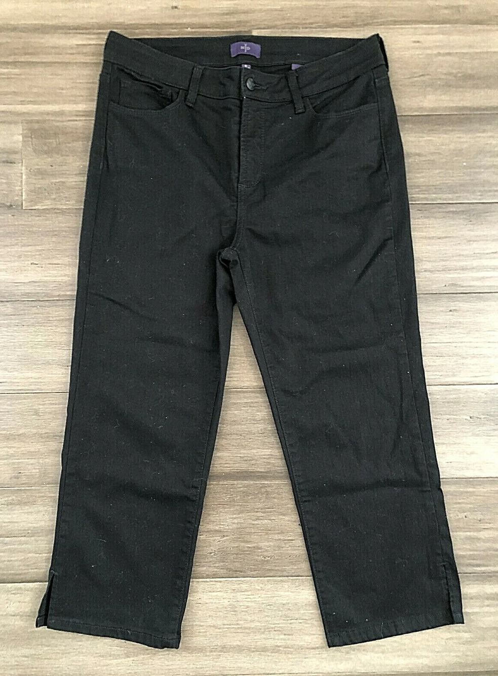 NYDJ Women's Black Crop High Rise Cotton Blend Straight Flat Front Pants-Size 8